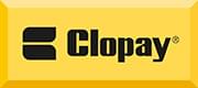 Clopay company logo with stylized black text and icon on a yellow background.