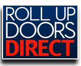 Logo with text 'ROLL UP DOORS DIRECT' in blue, white, and red colors.