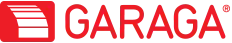 Three gray horizontal bars to the left of bold red uppercase letters spelling GARAGA