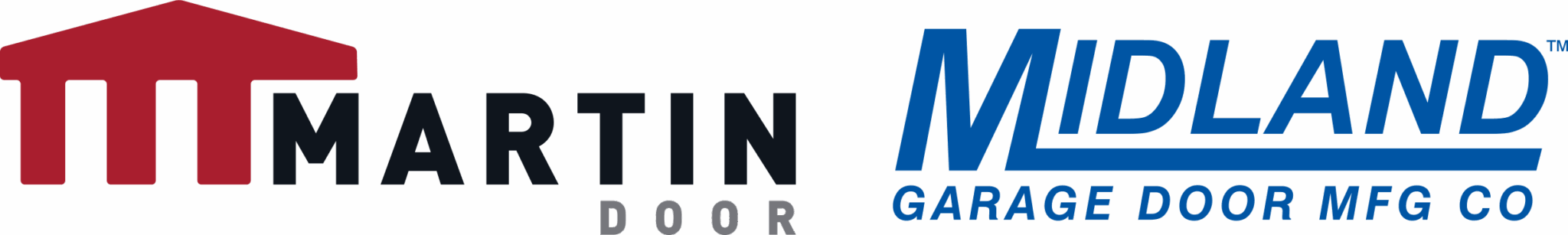 Martin Door logo with red emblem and black text; Midland Garage Door MFG Co in blue text.