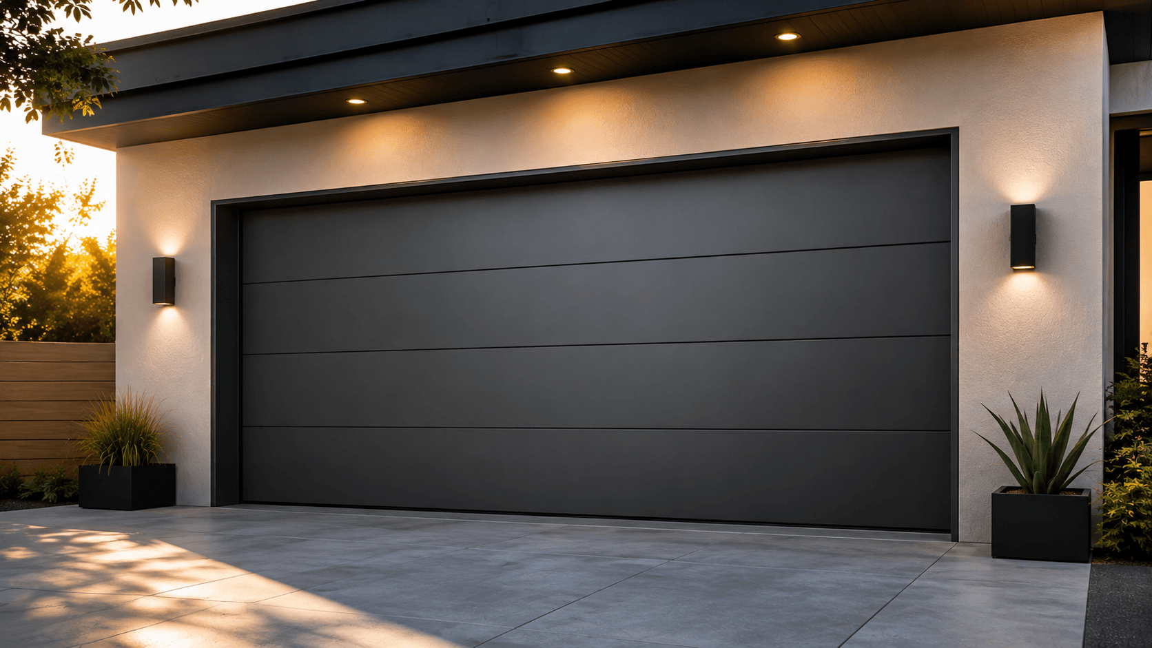 Modern black garage door with wall sconces and potted plants on either side at sunset.