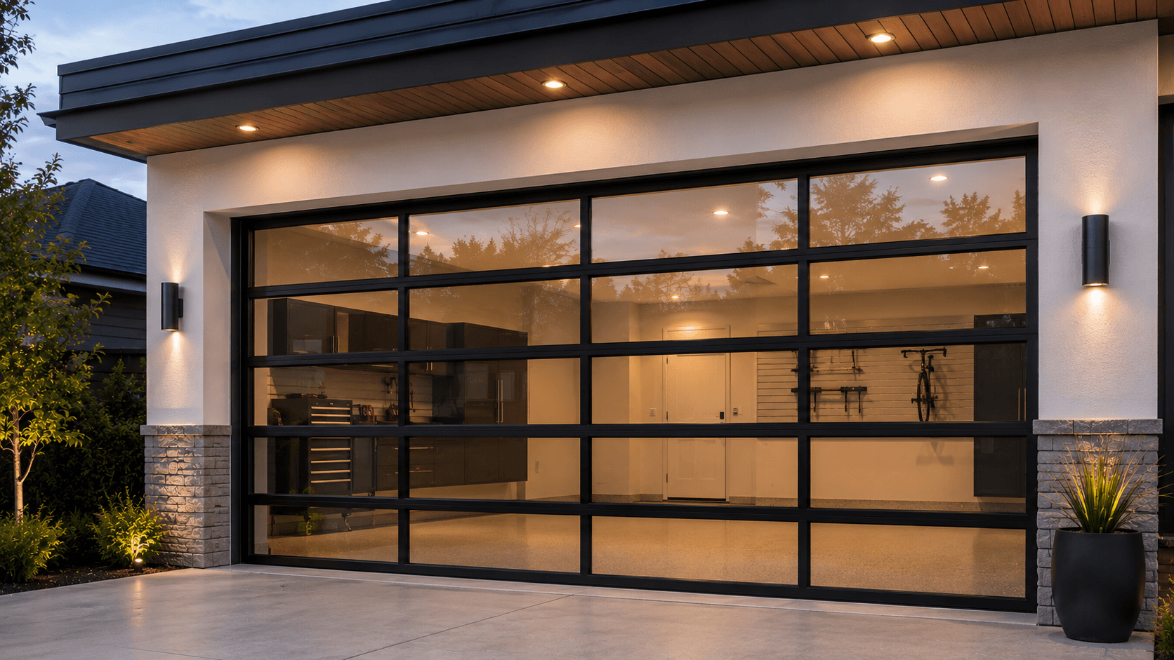 Modern glass garage door with black frame, showing an organized interior with cabinets and bike rack.