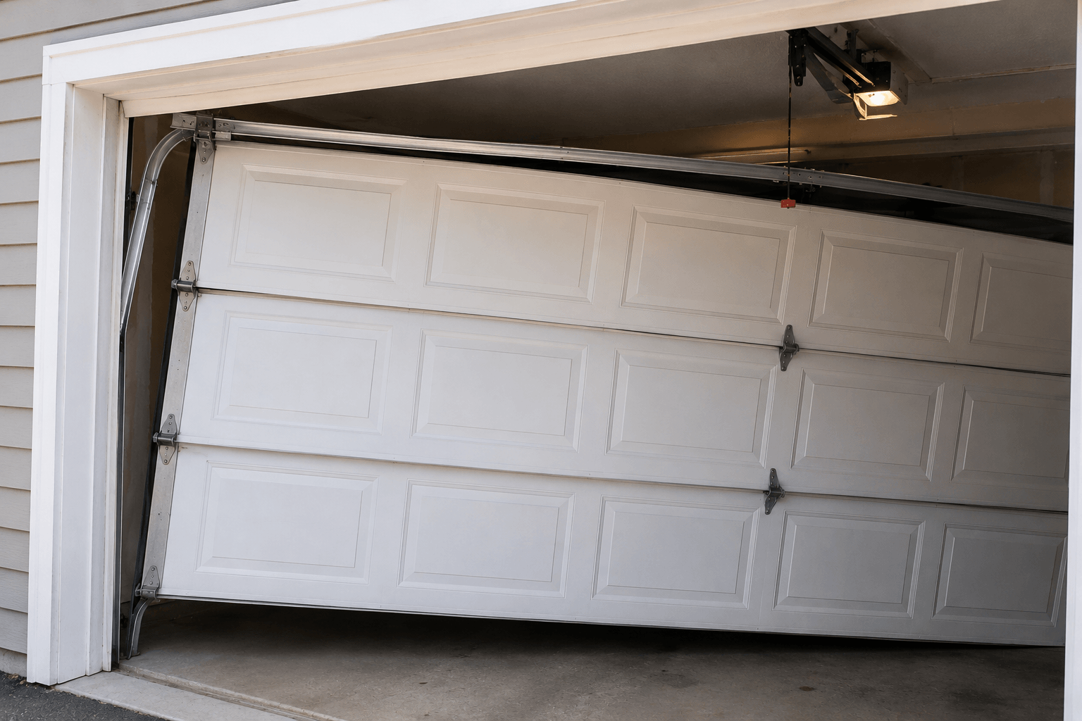 White garage door stuck halfway open and off its tracks inside a garage.