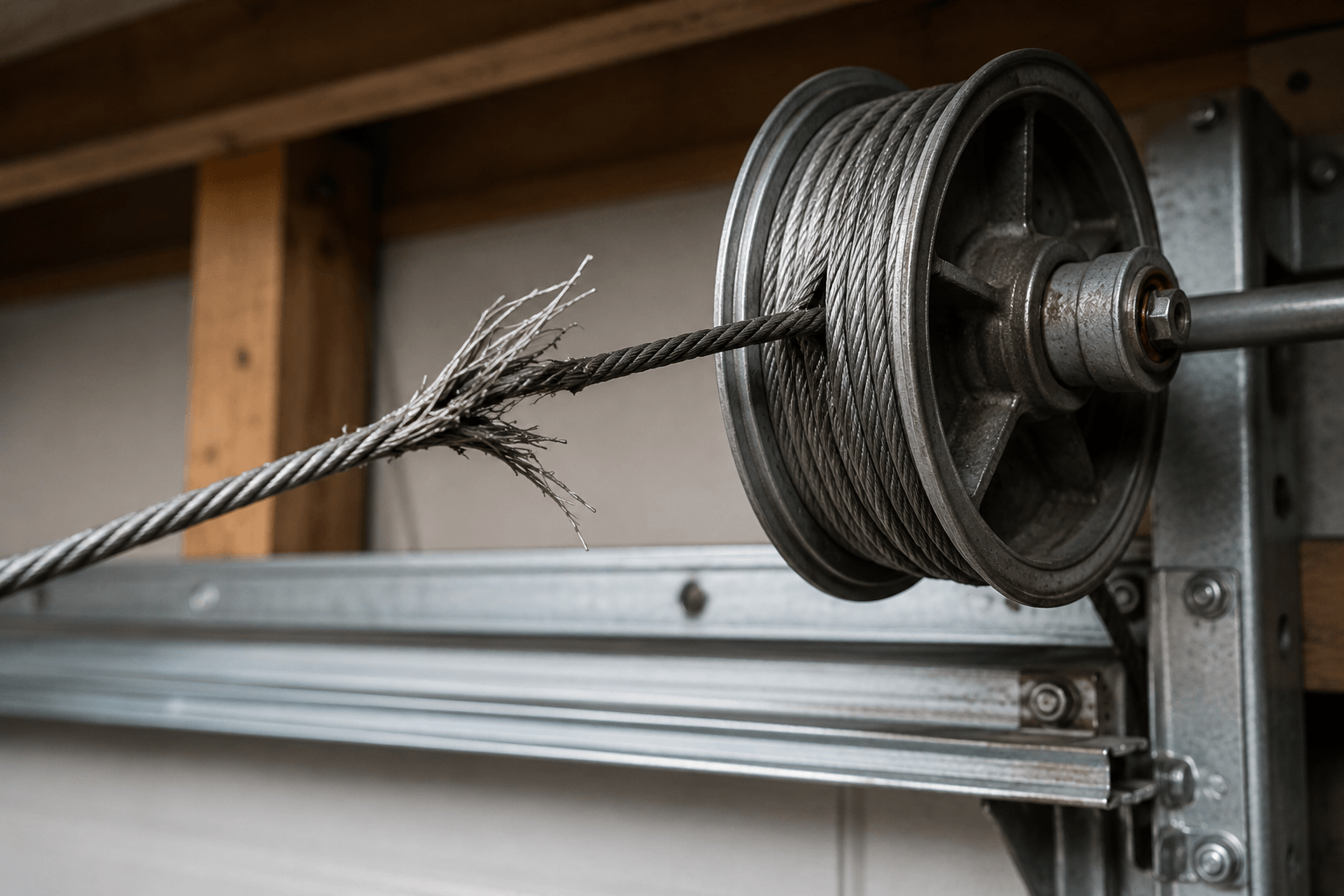 Frayed metal cable snapped from a spool inside a mechanical setup.