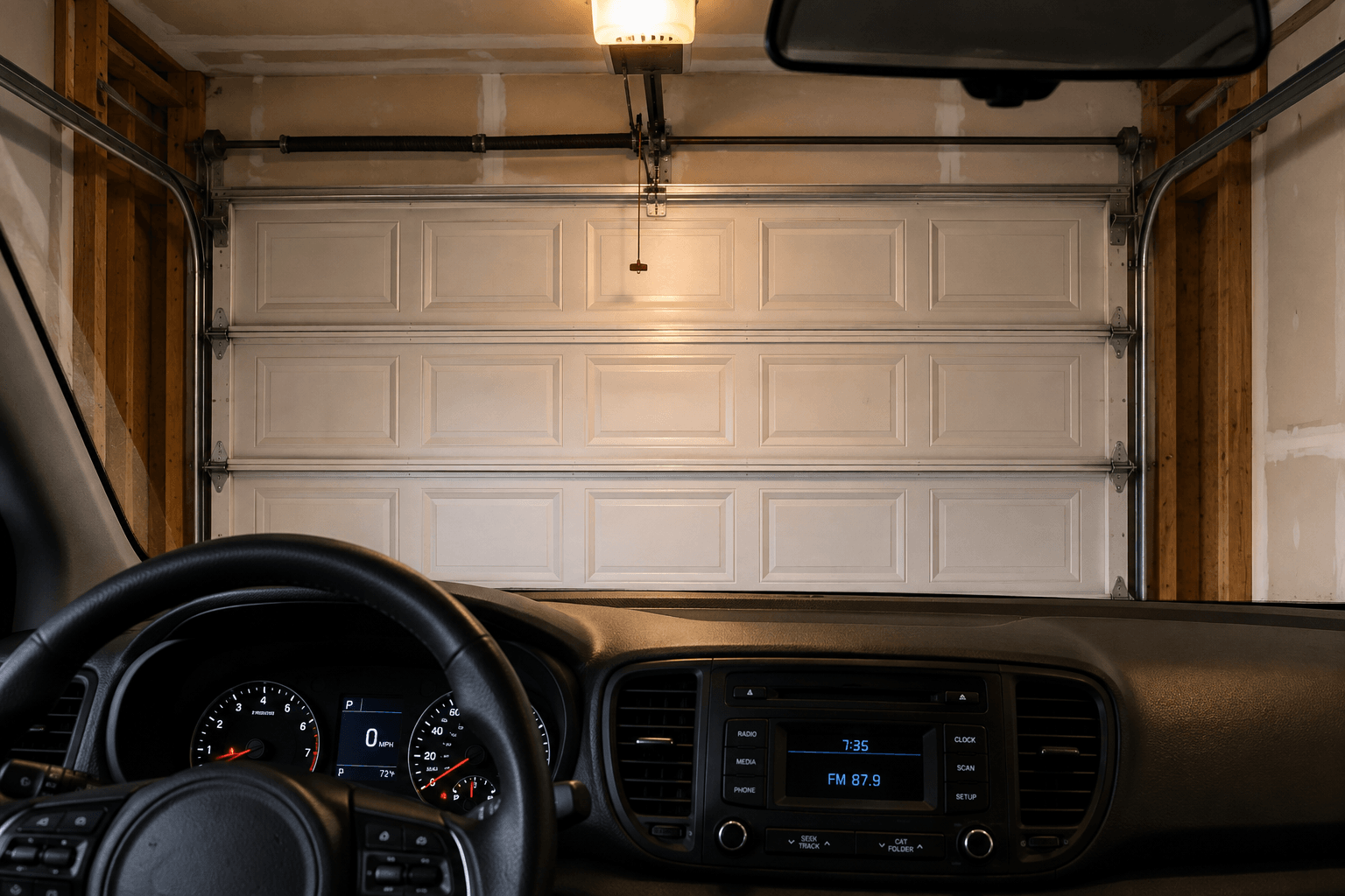 View from inside a parked car facing a closed garage door with dashboard and steering wheel visible.
