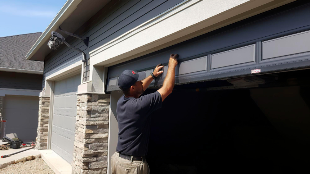 Man in a navy shirt and cap fixing a gray garage door on a residential house exterior.