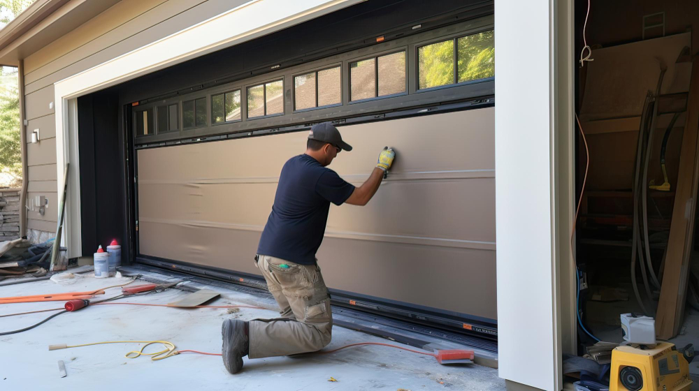 Worker kneeling while installing or repairing a large beige garage door with windows at the top.
