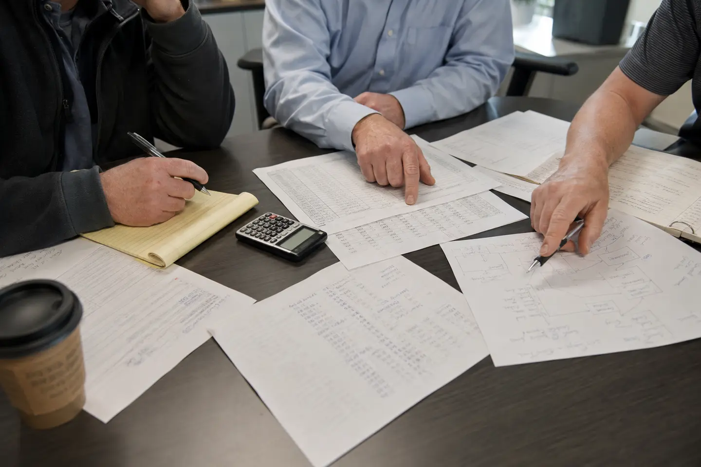 Dealership leaders reviewing performance reports, working notes, and a calculator around a conference table.