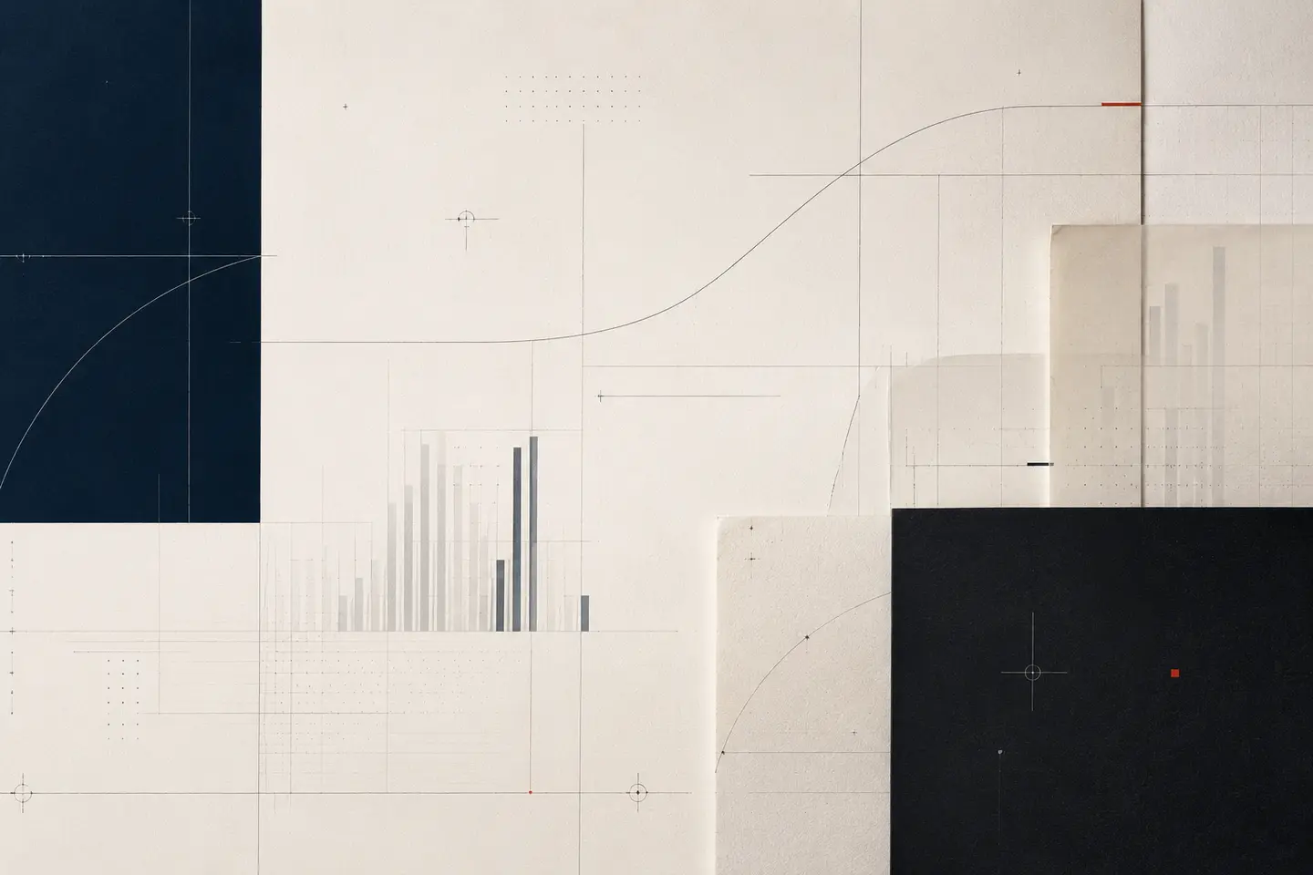 An abstract analytical composition of charts, reference lines, and layered research documents in navy and warm white.