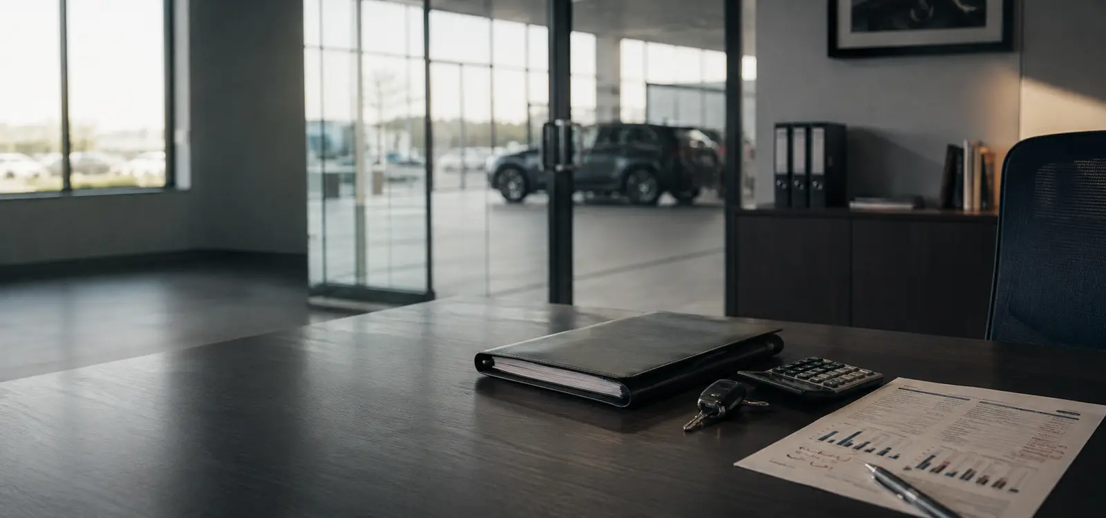 A dealership workspace with a field notebook, calculator, vehicle keys, and a performance report on the desk.