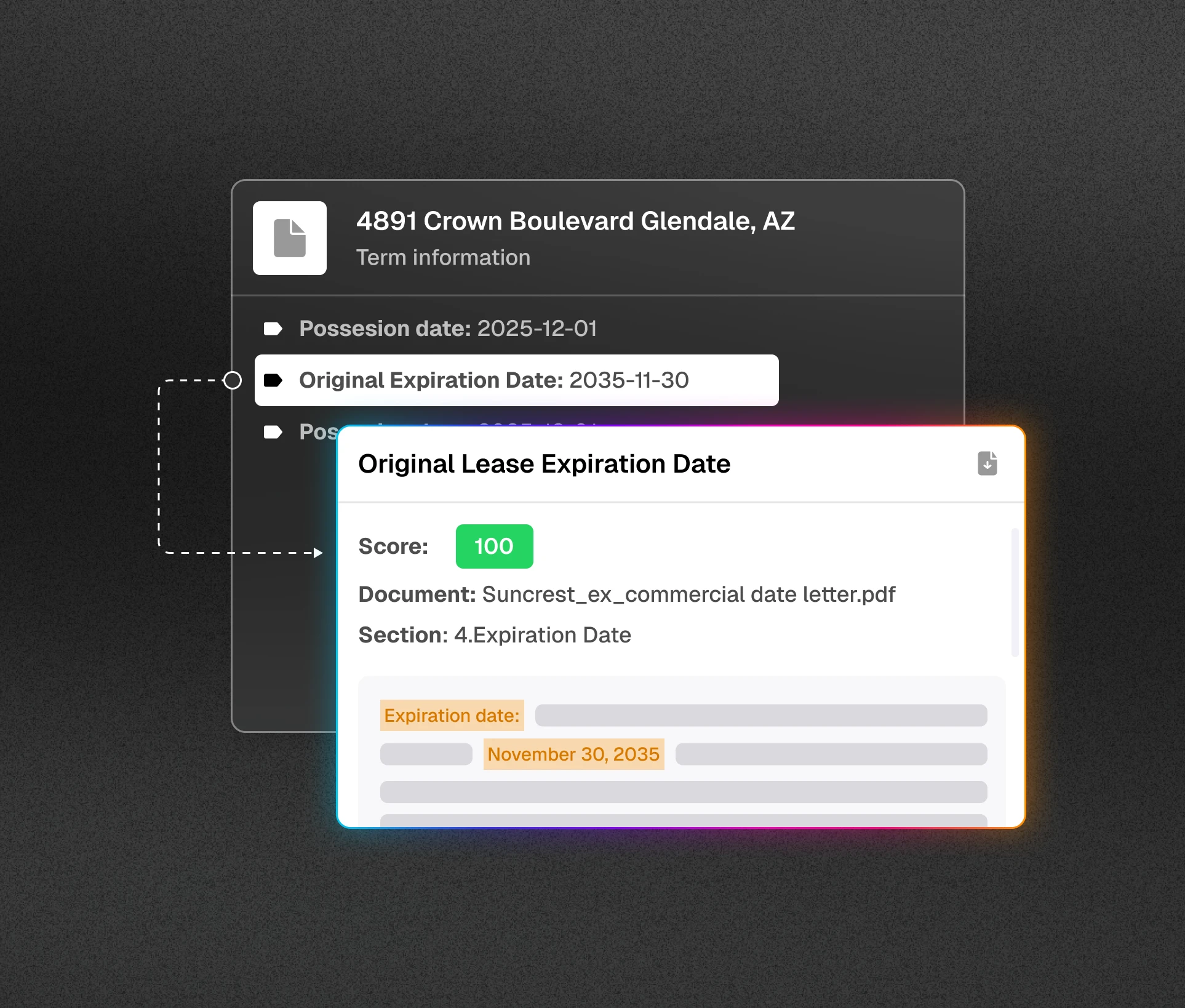 A UX shot showing data extraction with precision and traceability of a lease document.