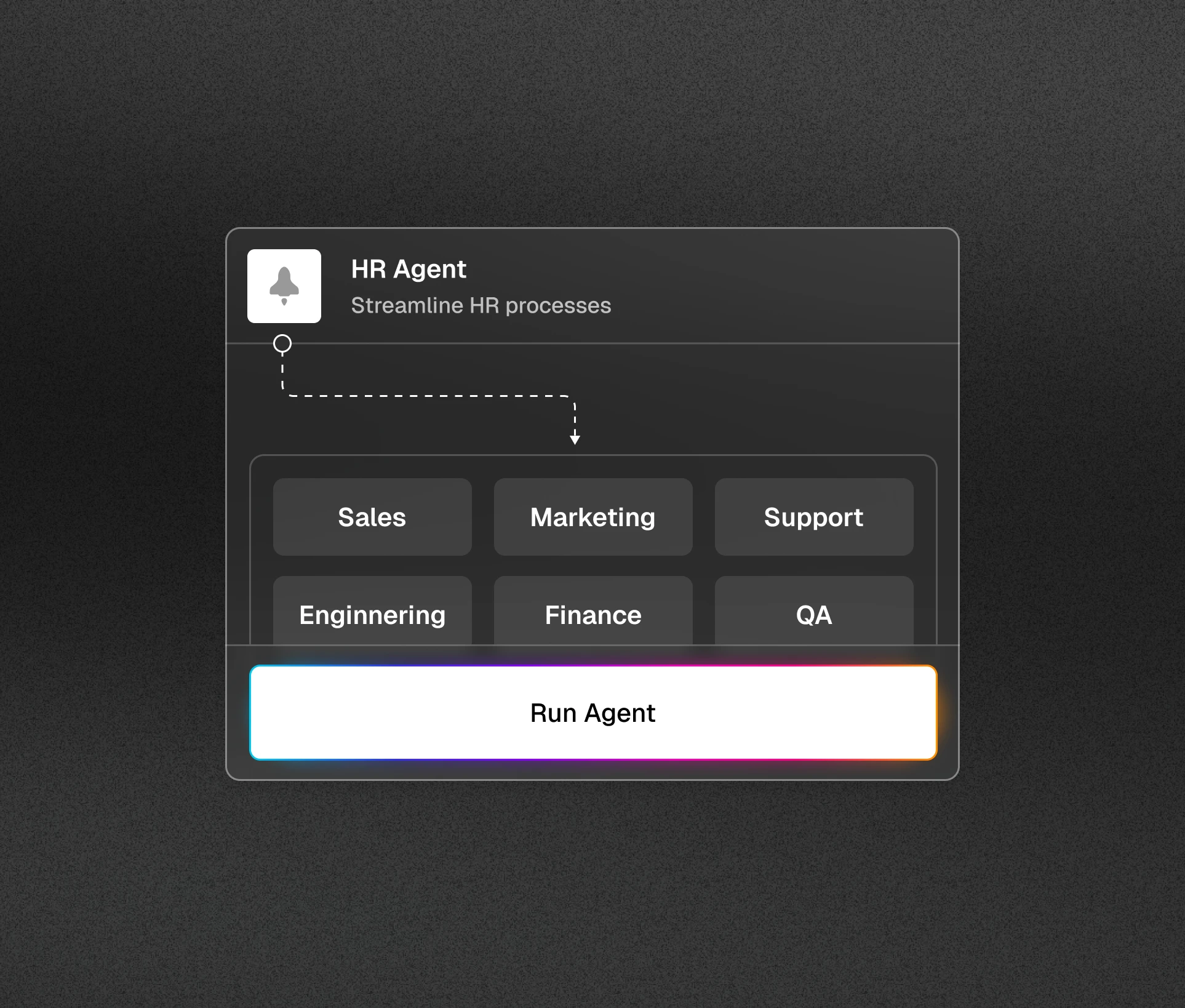 A UX shot showing a custom AI agent. The HR agent is highlighted but the image also has sales agents, marketing agents, support agents, engineering agents, finance agents, QA agents.