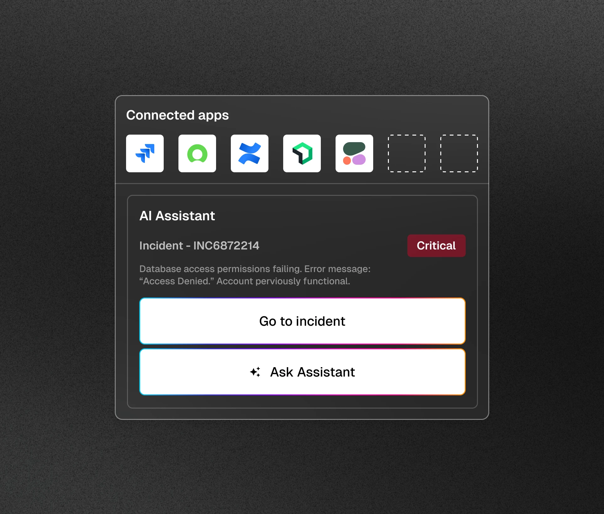 UX shot of different connected apps and the AI assistant for incident response.