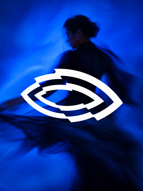 A woman dancing in the blue light with the Roya logo over it.
