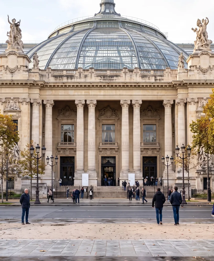 Façade du Grand Palais à Paris avec une grande verrière en forme de dôme, colonnes imposantes et sculptures décoratives, des gens marchant et se tenant devant l'entrée.