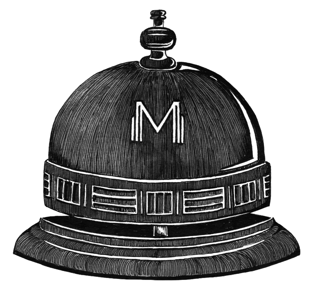 Illustration noire et blanche d'une cloche de réception d'hôtel avec la lettre M sur le dessus.