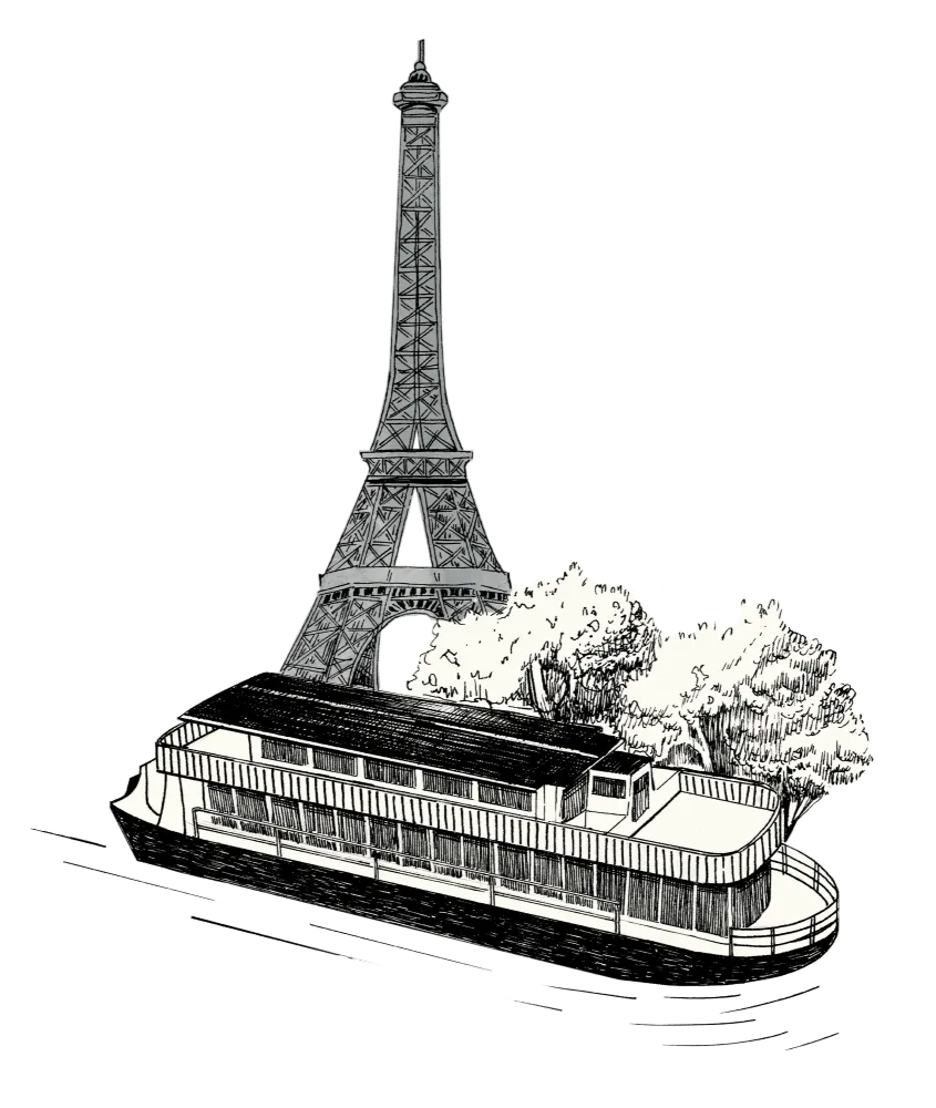 Dessin en noir et blanc d'une péniche sur une rivière avec des arbres à l'arrière-plan et la tour Eiffel en arrière-plan.