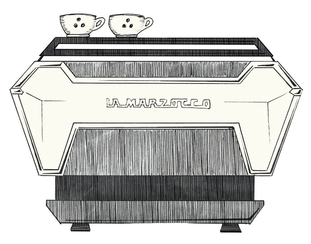 Illustration d'une machine à café professionnelle La Marzocco vue de face, avec deux tasses et soucoupes posées sur le dessus.