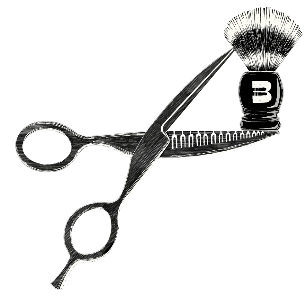 Illustration en noir et blanc de ciseaux de coiffure dont une lame est une lame dentelée, tenant un pinceau de rasage avec un 'B' visible sur le manche.