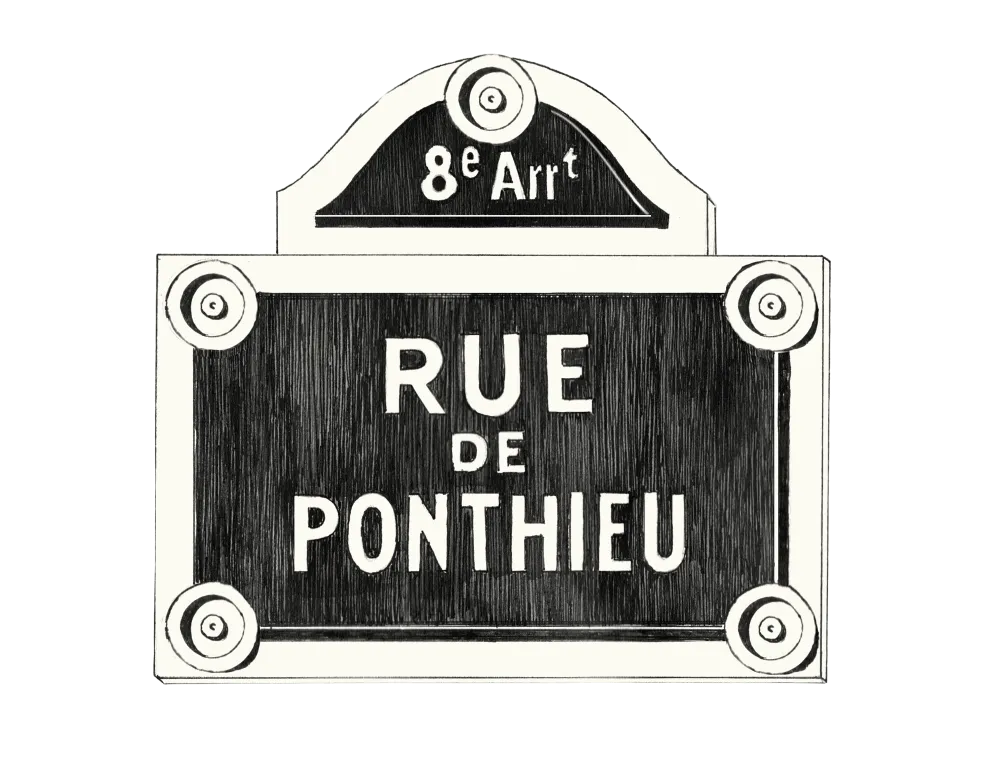 Plaque de rue traditionnelle parisienne indiquant "8e Arrt RUE DE PONTHIEU" en lettres blanches sur fond noir avec cadre blanc.