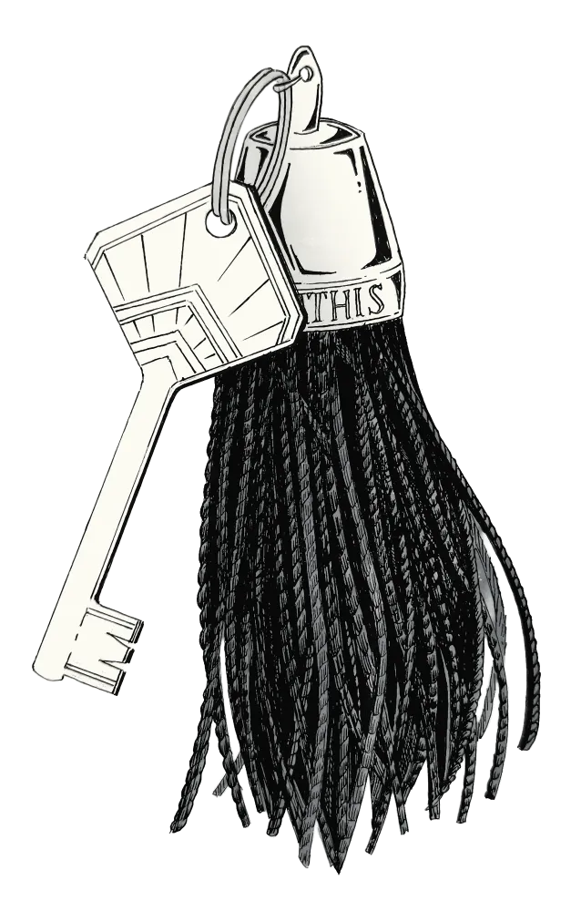 Illustration d'une clé attachée à un porte-clés avec un gland noir et un anneau métallique, la clé a une forme angulaire et détaillée.