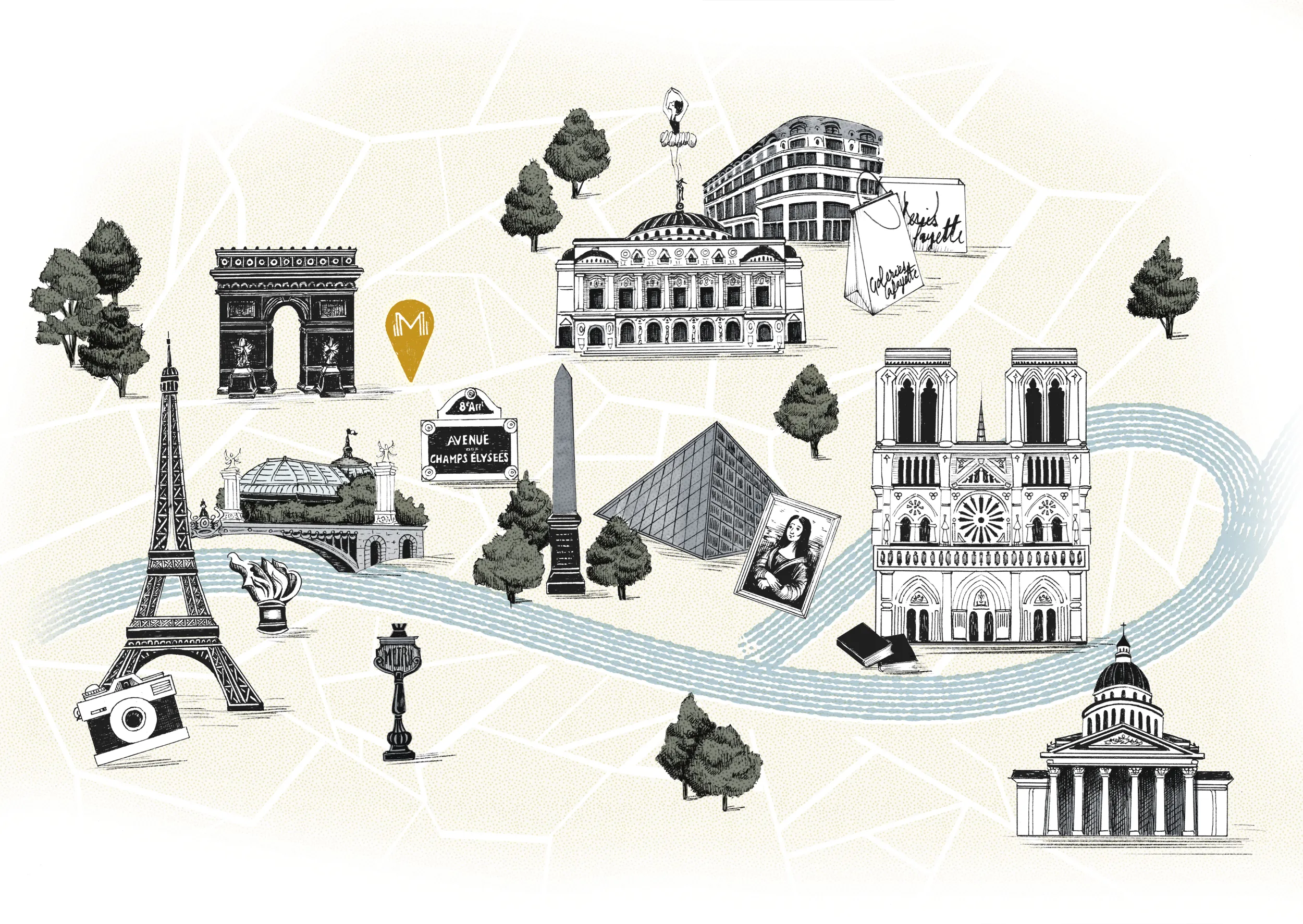 Carte illustrée de Paris montrant des monuments célèbres comme la Tour Eiffel, l'Arc de Triomphe, le Panthéon, la cathédrale Notre-Dame, le Louvre avec sa pyramide, et l'obélisque de la Place de la Concorde, ainsi que des éléments comme un appareil photo, des livres, un portrait de la Joconde, un panneau d'Avenue des Champs-Élysées, des sacs Lafayette, des arbres et une rivière représentant la Seine.