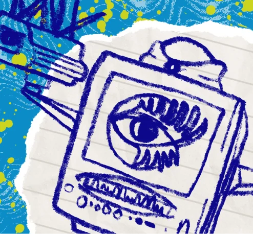 Blue hand-drawn eye illustration in a notebook representing Wake The Tiger's General Admission experience