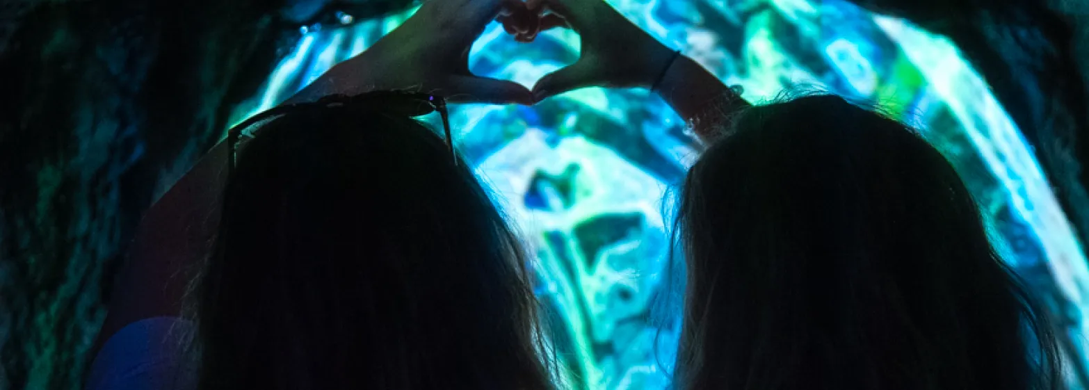 Two people silhouetted against a glowing digital wall, forming a heart shape with their hands.