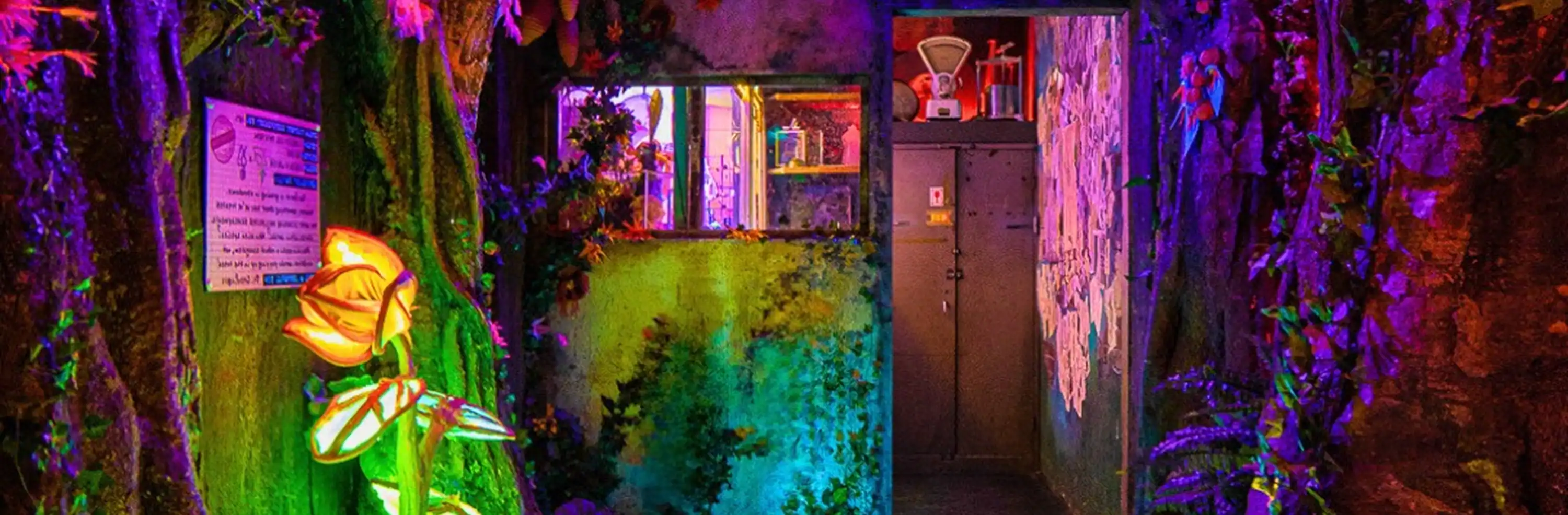 Neon-lit fantasy room with glowing flowers and vines at Wake The Tiger.