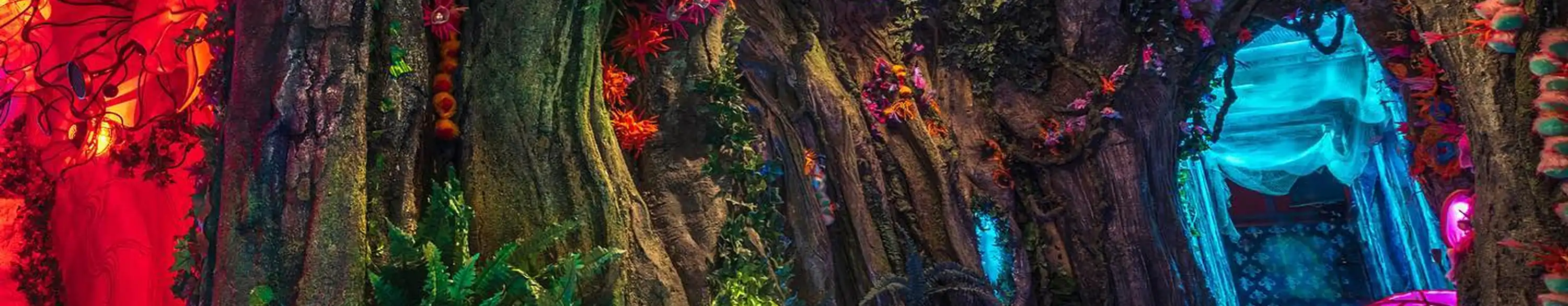 Tree trunks in the immersive forest set at Wake The Tiger.