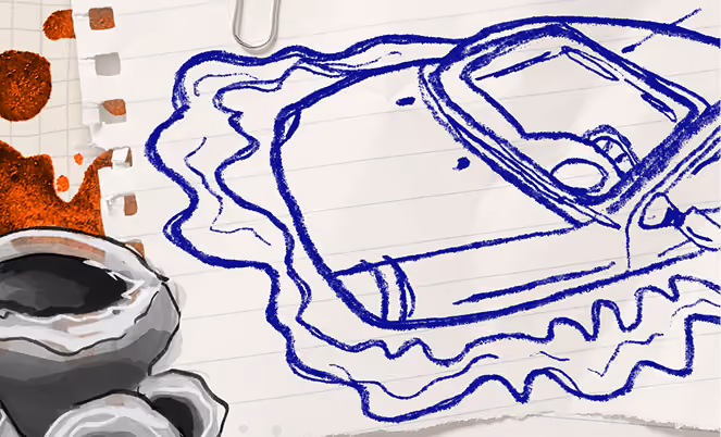 Blue drawing on lined paper.