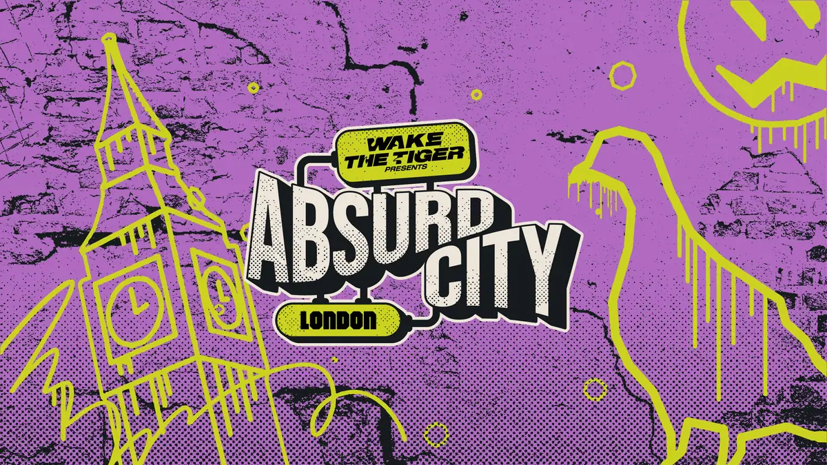 Purple brick wall with yellow graffiti outlines of Big Ben and dinosaur around Absurd City London logo.