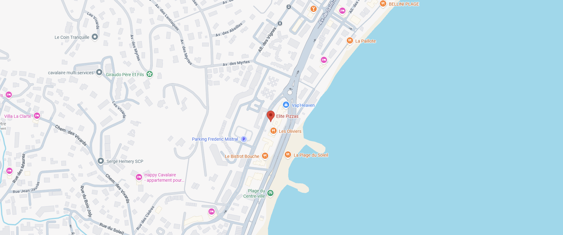 Carte de Cavalaire-sur-Mer indiquant Elite Pizzas sur la Promenade de la Mer