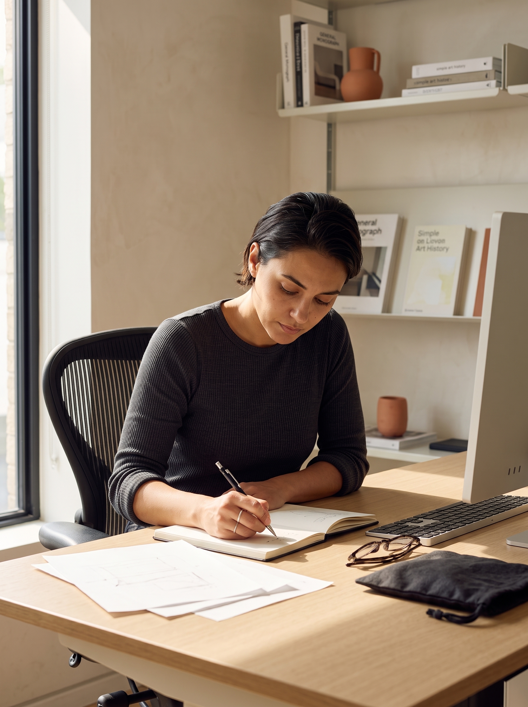 Woman writing notes in a notebook at a tidy desk beside a monitor and bookshelf