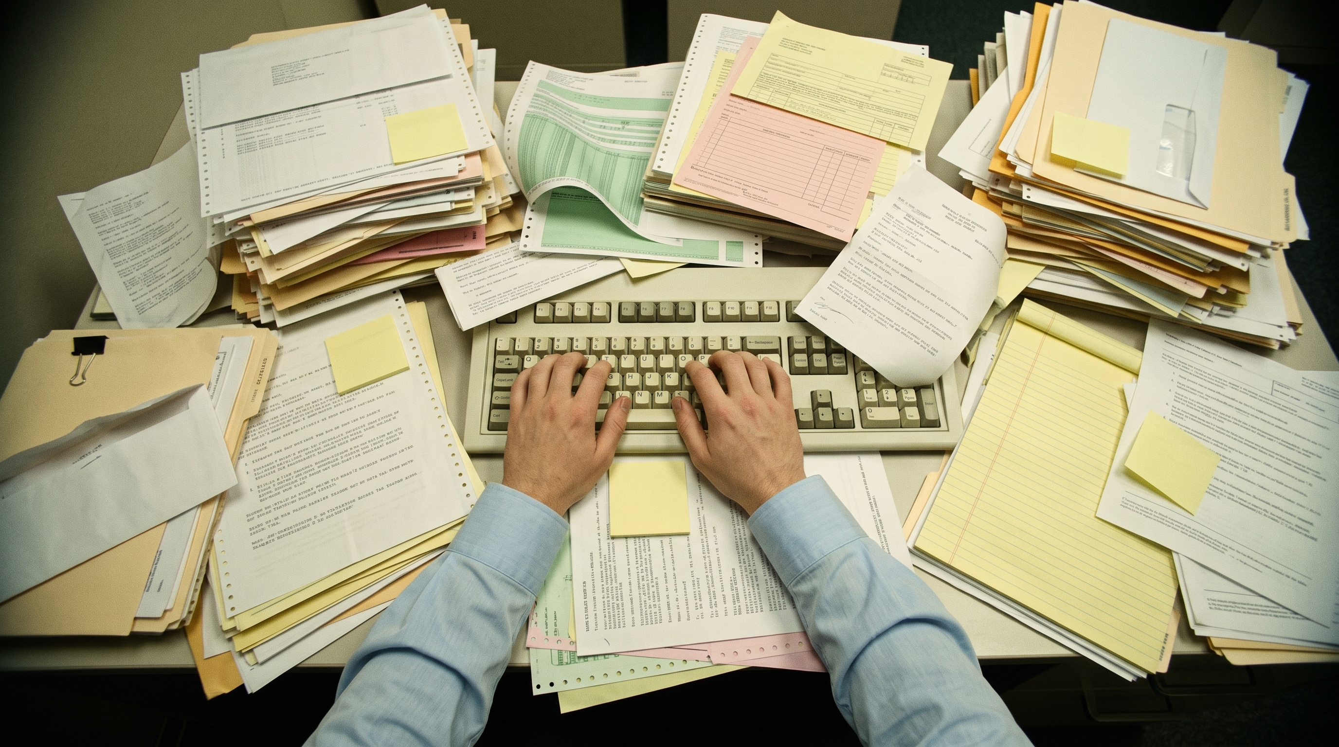 Top-down view of hands typing on a keyboard surrounded by piles of paperwork