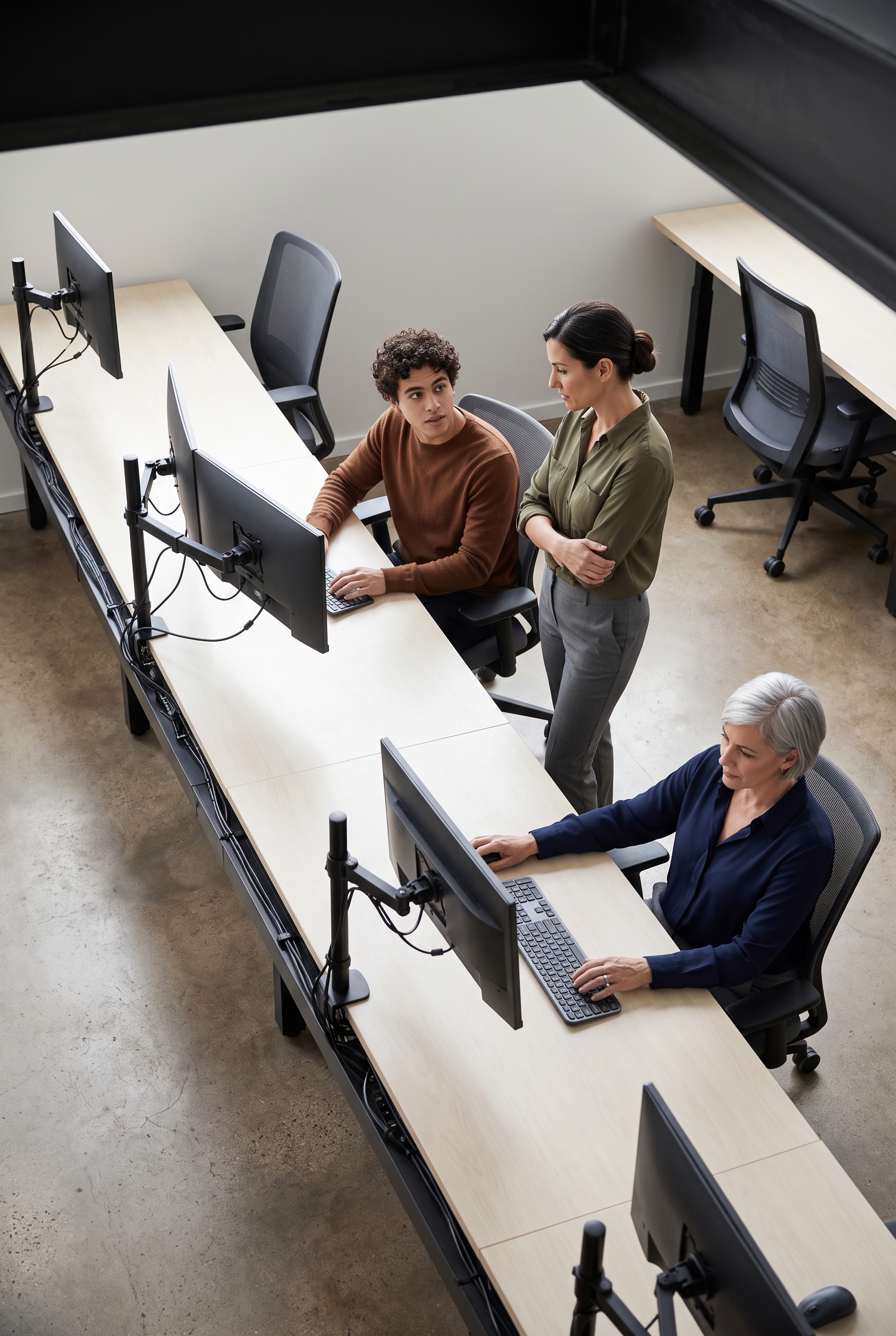 Overhead view of three coworkers at shared desks, one standing to talk with a seated colleague