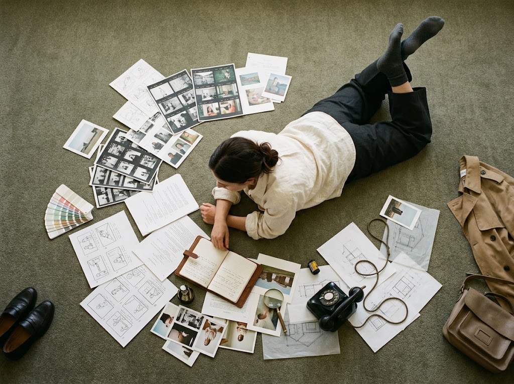 Woman lying on a carpet reviewing photos, sketches, color swatches and notes around a rotary phone