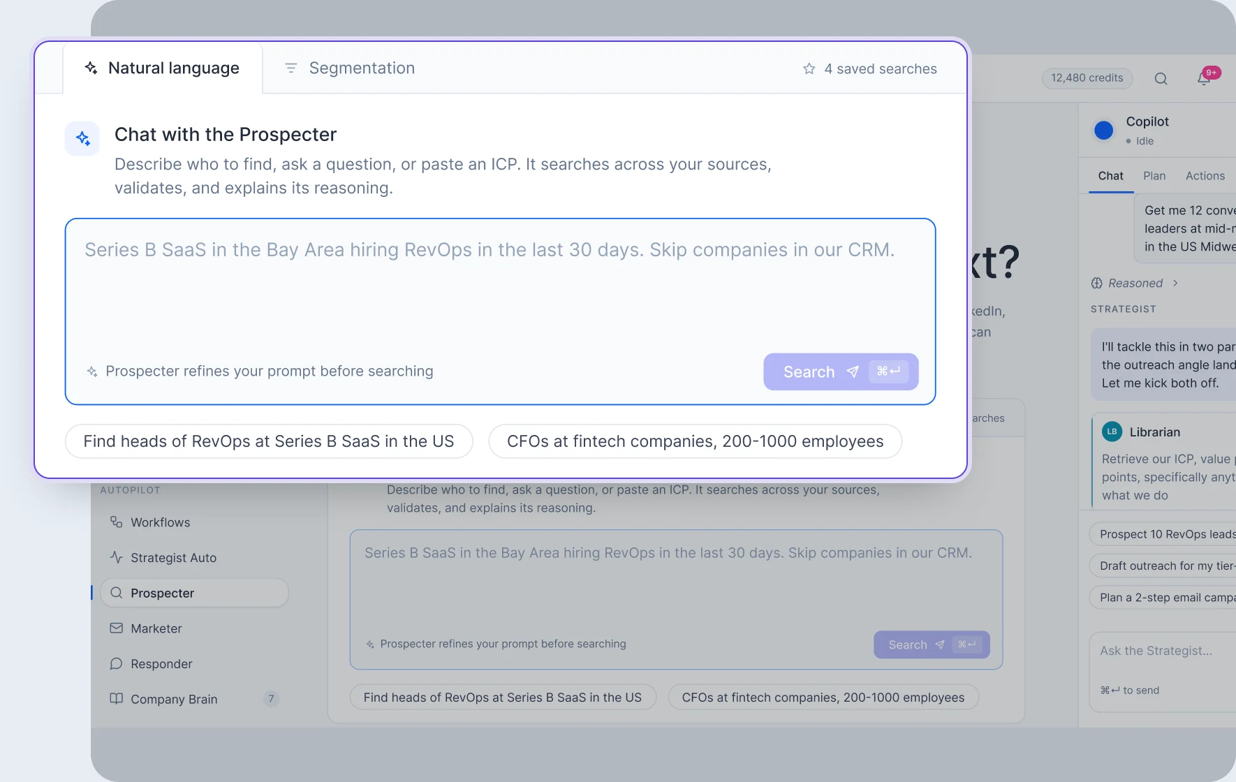The Prospector search screen: a natural-language prompt describing an ideal customer profile.