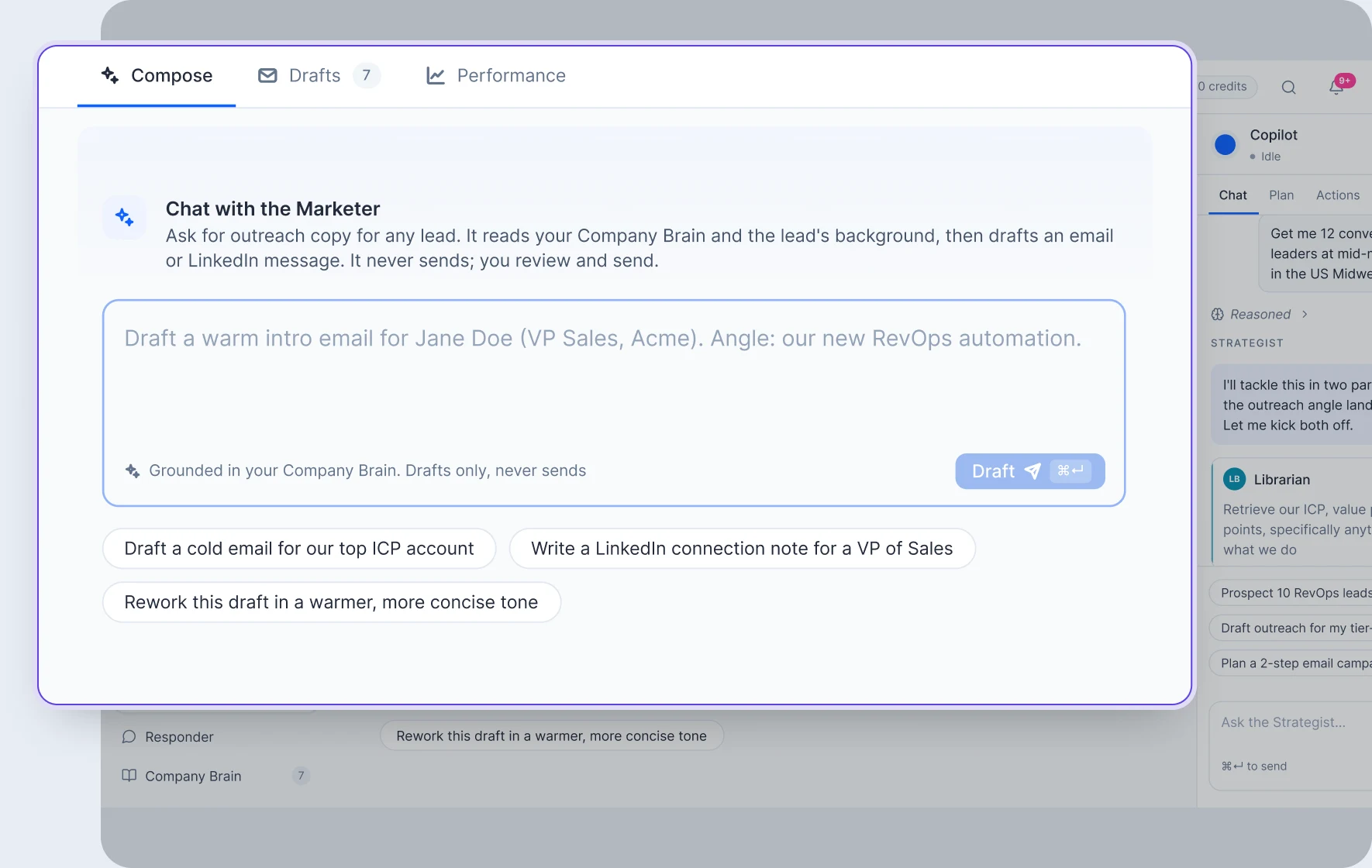 The Marketer composing a first-touch email beside the documents it drafted from.