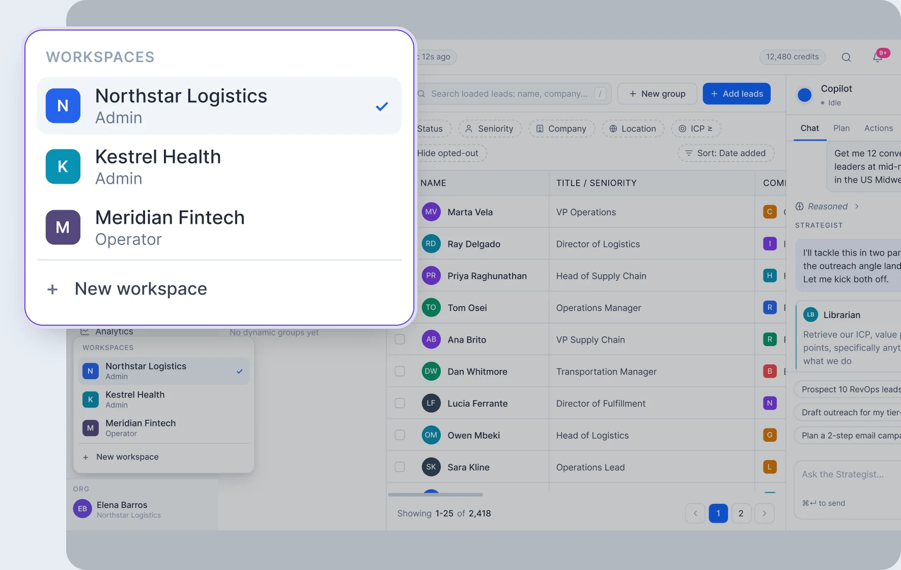 The workspace switcher, with each client workspace listed separately and its own settings beside it.
