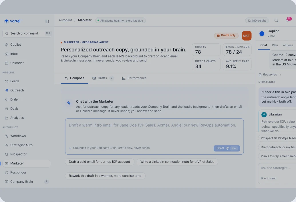 Vortel Marketer agent page with draft counts, reply rate and a compose box for personalized outreach copy