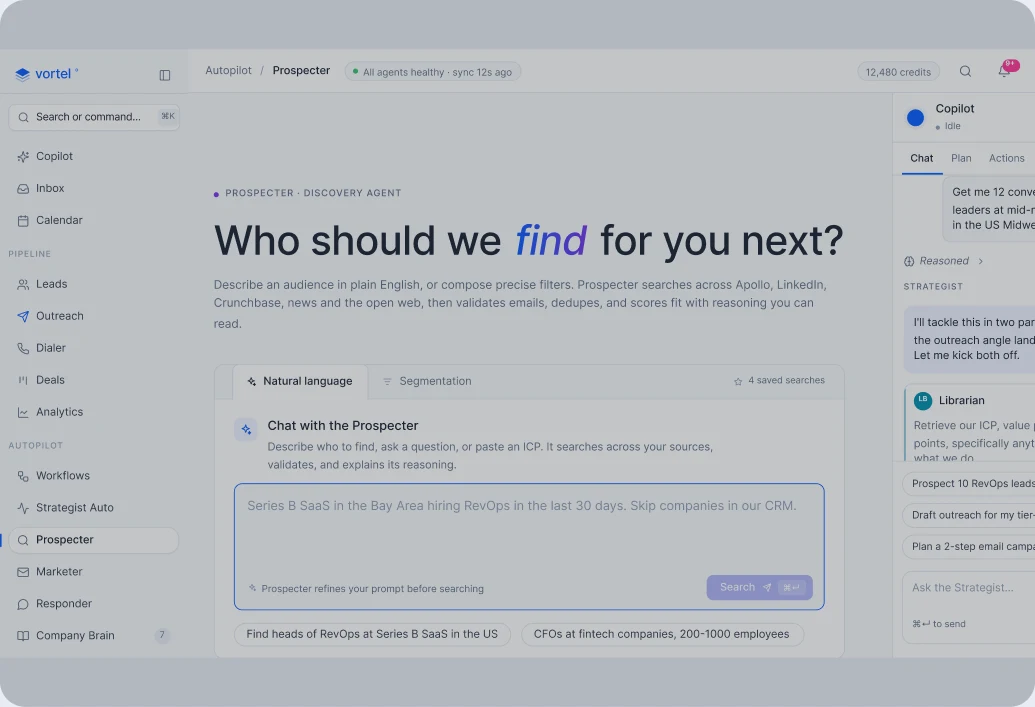 Vortel Prospecter agent page asking who to find next, with a natural language search and saved searches