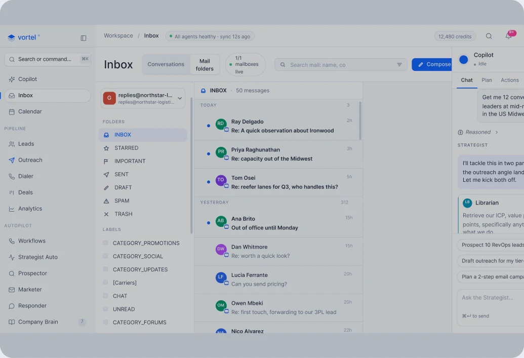 Vortel inbox view with mail folders, labels and a list of prospect replies grouped by day