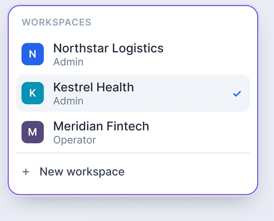 The workspace switcher, with each client workspace listed separately and its own settings beside it.