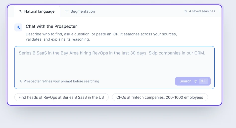 The Prospector search screen: a natural-language prompt describing an ideal customer profile.