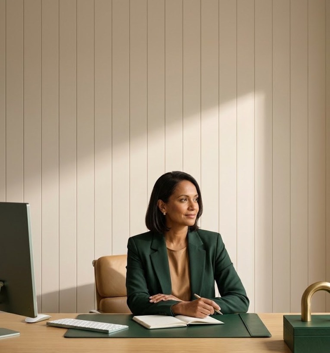 Woman in a green blazer seated at a desk with a notebook and pen, looking toward a window