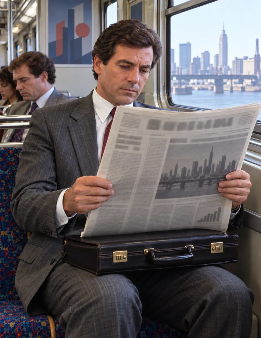 A sales executive on a commuter train reading a folded business newspaper, briefcase on his lap