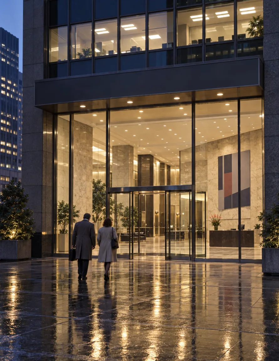 Night exterior of a corporate regional office with a lit glass lobby and two people in overcoats