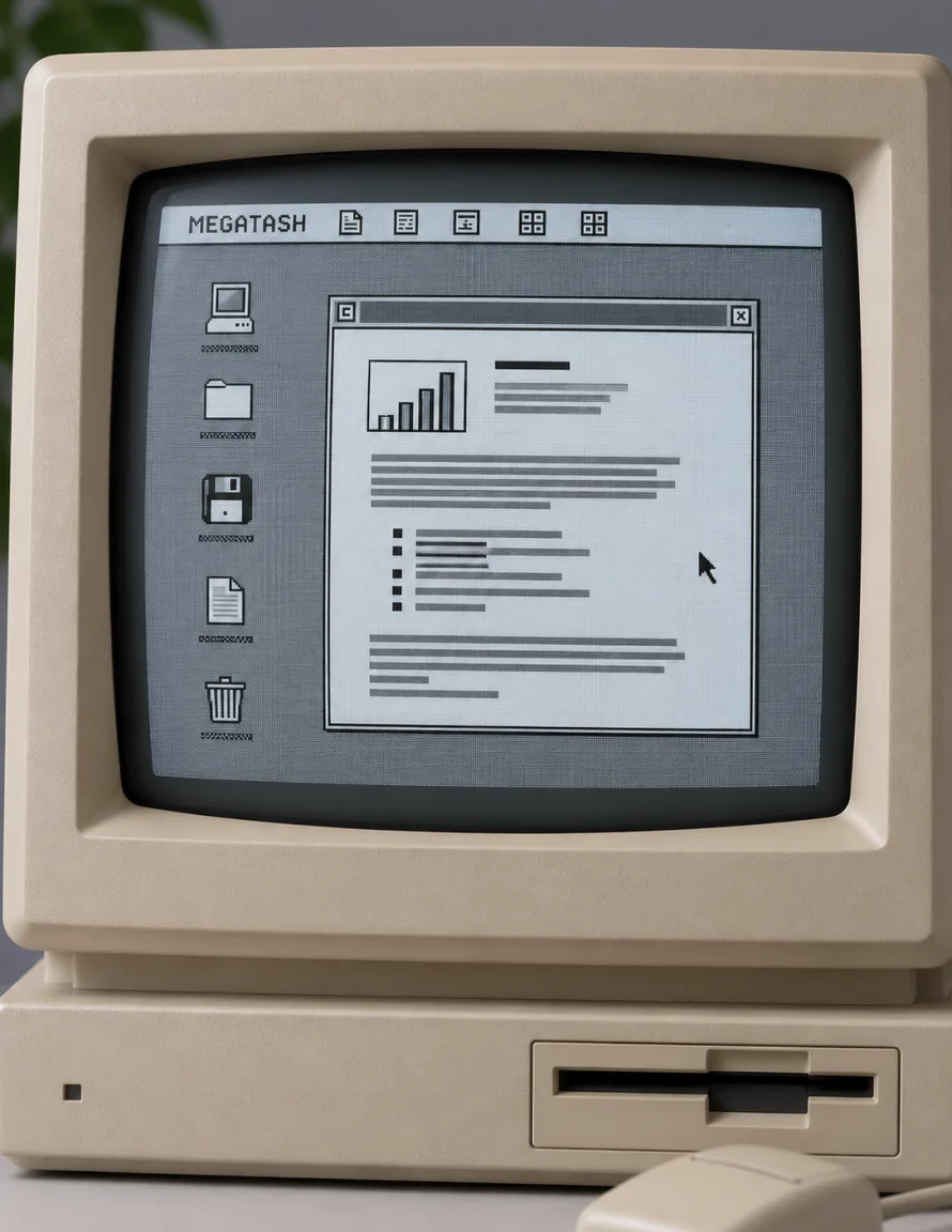A monochrome desktop on a beige CRT monitor showing an open window with a printed sales proposal
