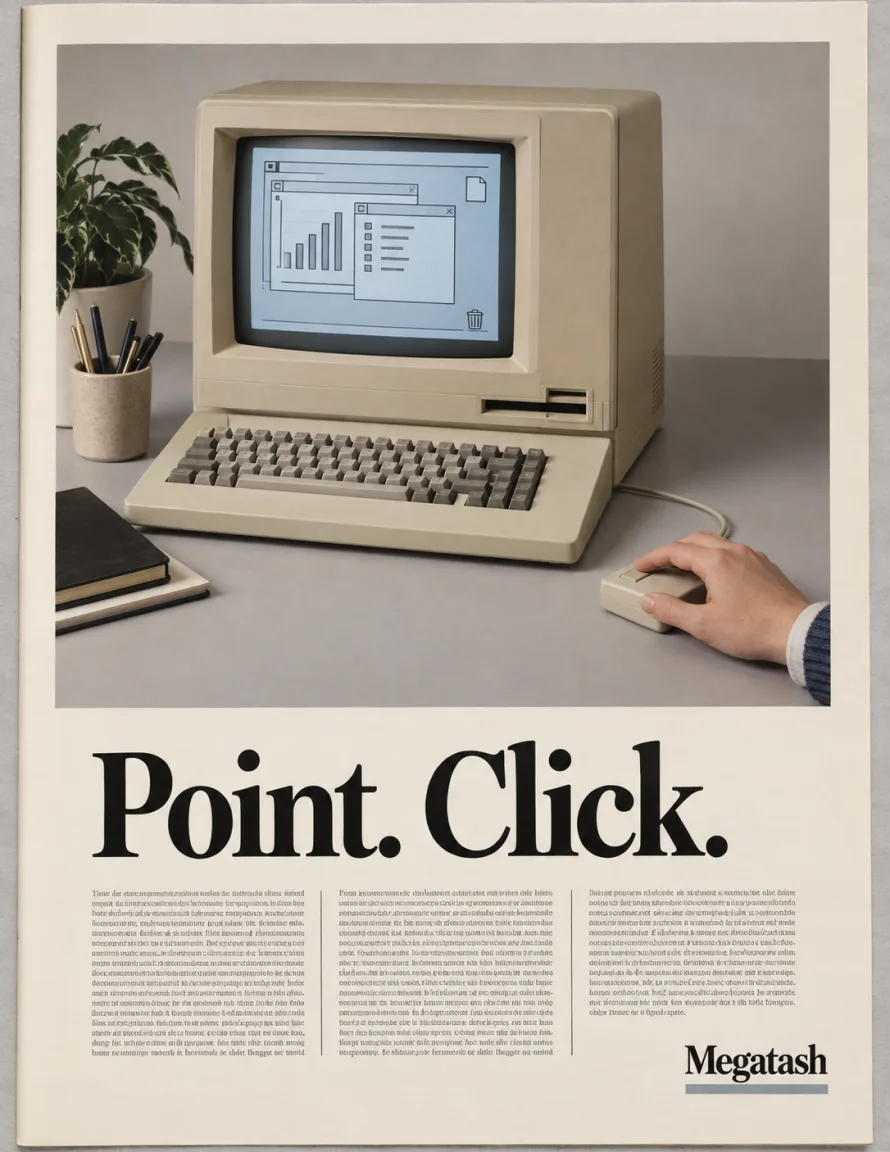 A 1984 magazine ad with a beige computer and mouse under the headline Point. Click.